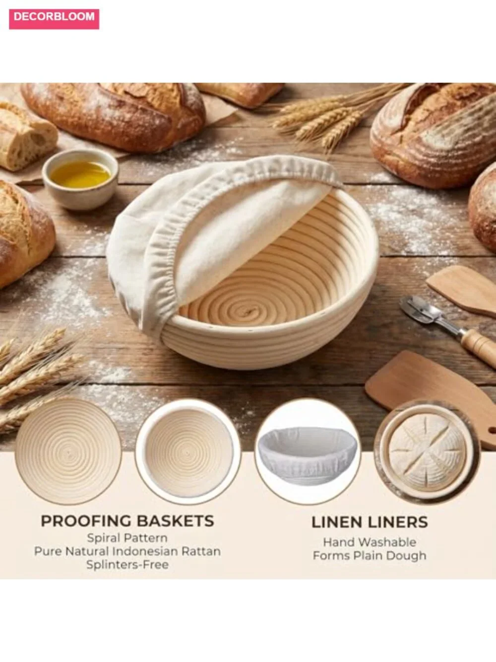 Sourdough Bread Proofing Basket Set 2-Pack Rattan Banneton with Liners